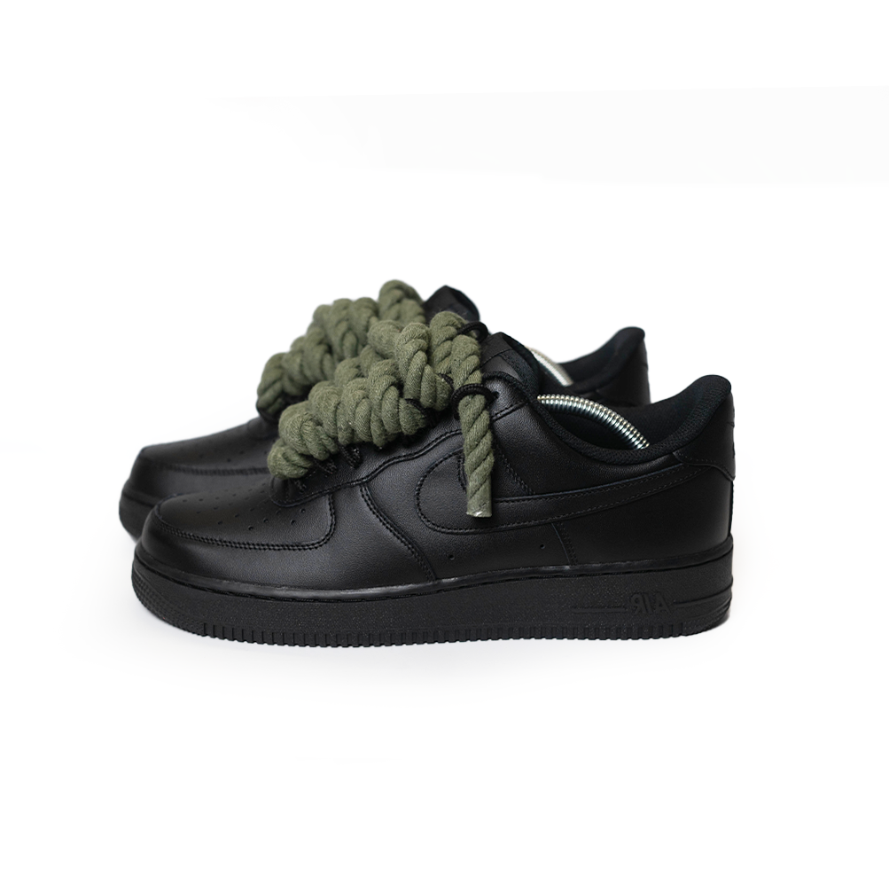 Custom Nike Air Force 1 Schwarz “Rope Laces” Army Grün - RopezInstyle