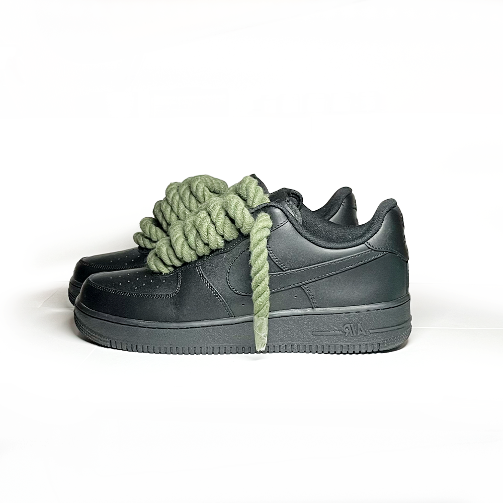 Custom Nike Air Force 1 Schwarz “Rope Laces” Army Grün - RopezInstyle