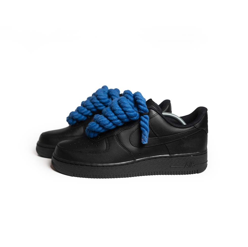 Custom Nike Air Force 1 Schwarz “Rope Laces” Blau - RopezInstyle