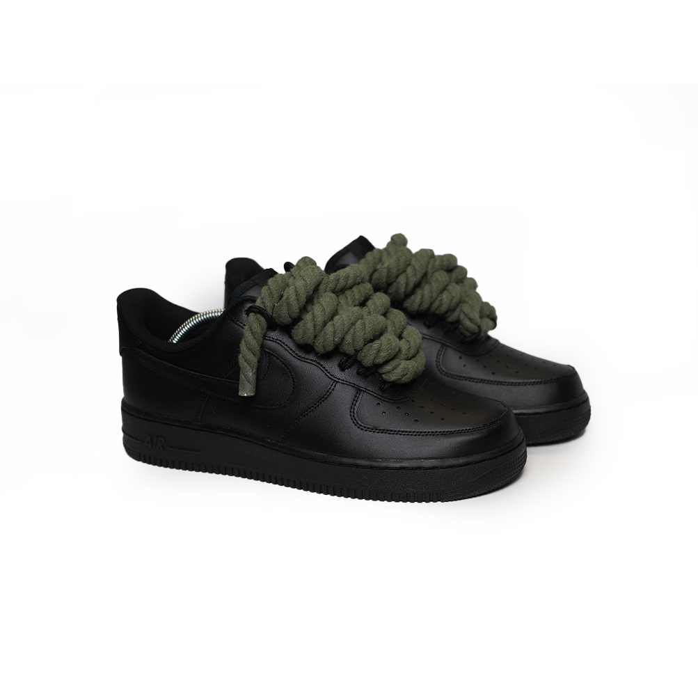 Custom Nike Air Force 1 Schwarz “Rope Laces” Army Grün - RopezInstyle