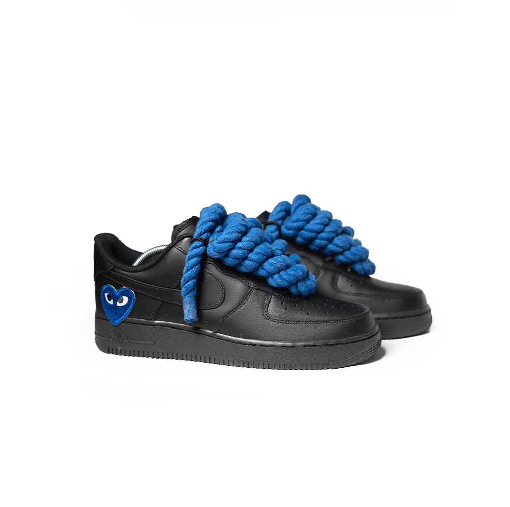 Custom Nike Air Force 1 Black '' Rope Laces '' Love stride Blue - RopezInstyle
